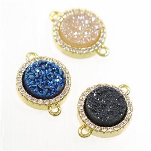 mixed color Druzy Quartz connector paved zircon, circle, gold plated, approx 11mm dia