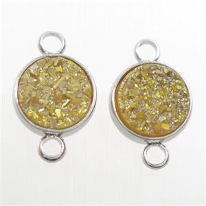 yellow Druzy Resin connector, circle, platinum plated, approx 8mm dia