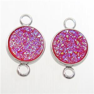 hotpink Druzy Resin connector, circle, platinum plated, approx 8mm dia