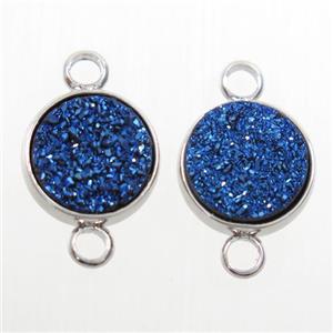 blue Druzy Resin connector, circle, platinum plated, approx 8mm dia