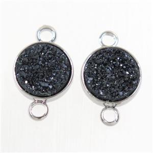 black Druzy Resin connector, circle, platinum plated, approx 8mm dia