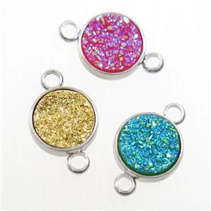 mix color Druzy Resin connector, circle, platinum plated, approx 8mm dia