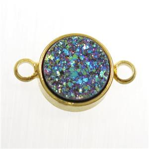 rainbow Druzy Resin connector, circle, gold plated, approx 8mm dia