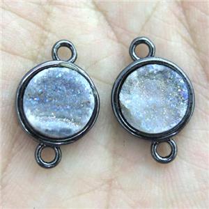 ab-color Druzy Agate connector, circle, black plated, approx 12mm dia