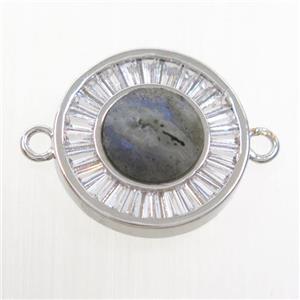 Labradorite circle connector pave zircon, brass, platinum plated, approx 8mm, 16mm dia