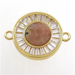 peach MoonStone circle connector pave zircon, brass, gold plated, approx 8mm, 16mm dia