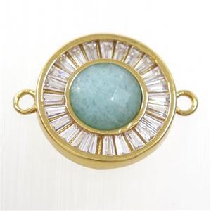green Amazonite circle connector pave zircon, brass, gold plated, approx 8mm, 16mm dia