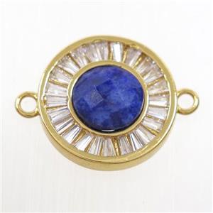 blue Lapis Lazuli circle connector pave zircon, brass, gold plated, approx 8mm, 16mm dia