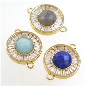mixed gemstone circle connector pave zircon, brass, gold plated, approx 8mm, 16mm dia