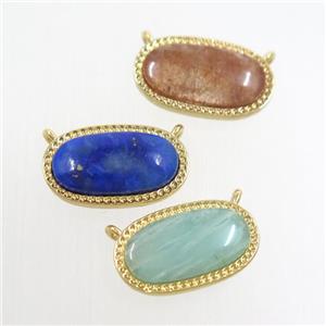 mixed gemstone oval pendant with 2loops, brass, gold plated, approx 10-17mm