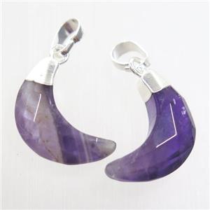 purple Amethyst crescent pendant, faceted moon, silver plated, approx 8-18mm