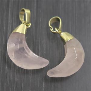 Rose Quartz crescent pendant, pink, faceted moon, gold plated, approx 8-18mm