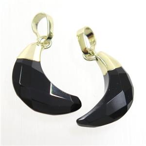 black Onyx Agate crescent pendant, faceted moon, gold plated, approx 8-18mm