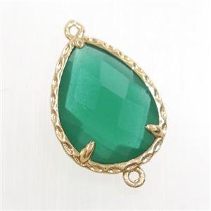 green glass connector, faceted teardrop, gold plated, approx 14x18mm