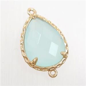 whitegreen glass connector, faceted teardrop, gold plated, approx 14x18mm
