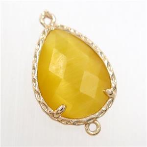 yellow glass connector, faceted teardrop, gold plated, approx 14x18mm