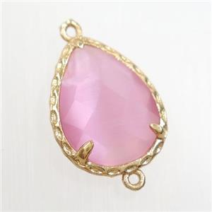 pink glass connector, faceted teardrop, gold plated, approx 14x18mm