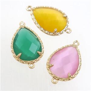 mix color glass connector, faceted teardrop, gold plated, approx 14x18mm