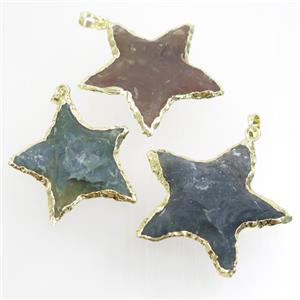hammered Natural Rock Agate Star Pendant, gold plated, approx 40mm