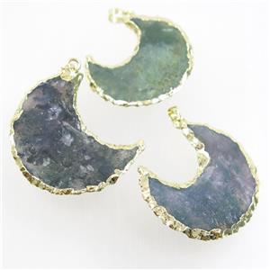 hammered natural Rock Agate crescent moon pendant, gold palted, approx 40mm