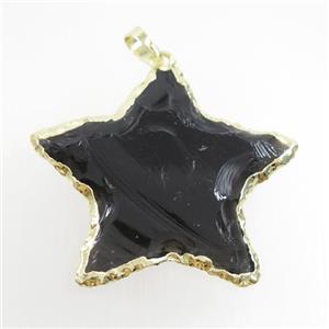 hammered black Obsidian star pendant, gold plated, approx 30mm
