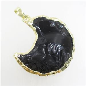hammered black Obsidian crescent moon pendant, gold plated, approx 30mm
