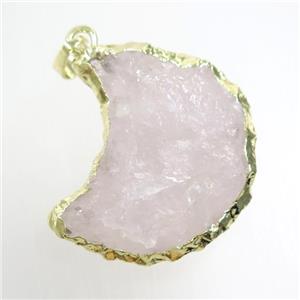 hammered Rose Quartz crescent moon pendant, gold plated, approx 25-30mm