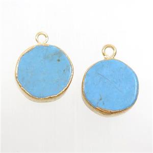 blue Turquoise circle pendant, gold plated, approx 14mm dia