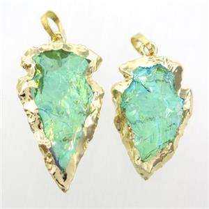 hammered clear quartz arrowhead pendant, green ab color, gold plated, approx 15-30mm