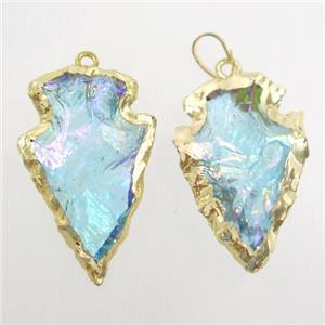 hammered clear quartz arrowhead pendant, blue ab color, gold plated, approx 15-30mm
