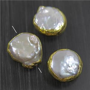 white baroque style Pearl beads, coin, gold plated, approx 12-14mm