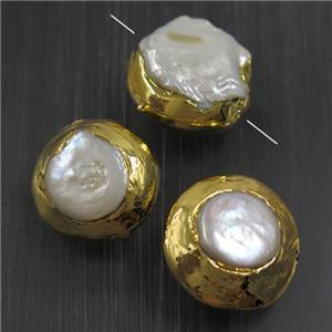 white baroque style Pearl beads, coin, gold plated, approx 23mm dia