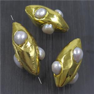 white baroque style Pearl beads, rice, gold plated, approx 16-35mm