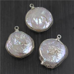 white freshwater Pearl pendants, coin, platinum plated, approx 17mm