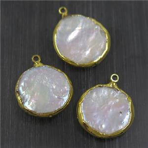 white freshwater Pearl pendants, circle, gold plated, approx 16-20mm