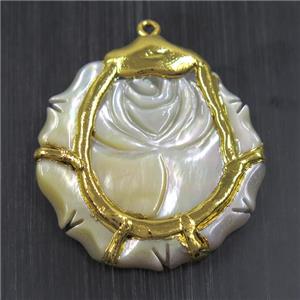 pearlized shell pendant, flower, gold plated, approx 40mm