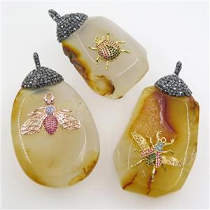 natural Agate pendant paved rhinestone, honeybee, mixed, approx 30-60mm