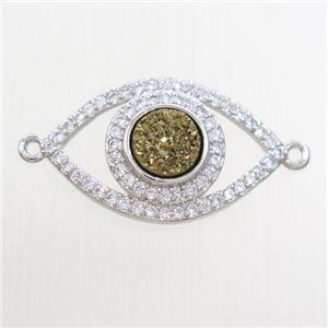 gold druzy quartz eye connector paved zircon, platinum plated, approx 6mm, 14-22mm