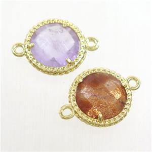mix gemstone circle connector, gold plated, approx 12mm dia