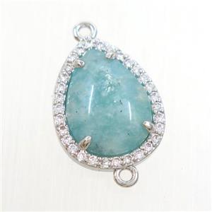 green Amazonite teardrop connector pave zircon, platinum plated, approx 13-17mm
