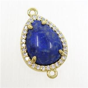 blue Lapis Lazuli teardrop connector pave zircon, gold plated, approx 13-17mm