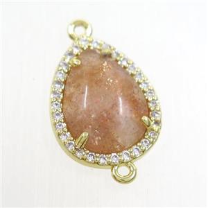 golden Strawberry Quartz teardrop connector pave zircon, gold plated, approx 13-17mm