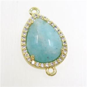 green Amazonite teardrop connector pave zircon, gold plated, approx 13-17mm