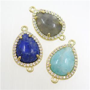 mix gemstone teardrop connector pave zircon, gold plated, approx 13-17mm