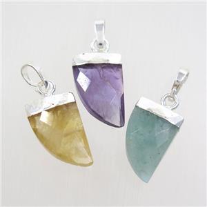 mix gemstone horn pendant, silver plated, approx 10-15mm