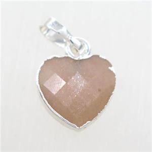 peach MoonStone heart pendant, silver pendant, approx 11-12mm