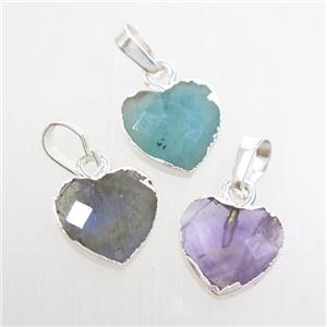 mix gemstone heart pendant, silver pendant, approx 11-12mm