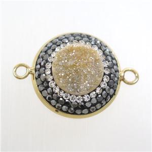 champagne druzy quartz circle connector pave rhinestone, gold plated, approx 12mm, 22mm dia
