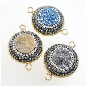 mix color druzy quartz circle connector pave rhinestone, gold plated, approx 12mm, 22mm dia