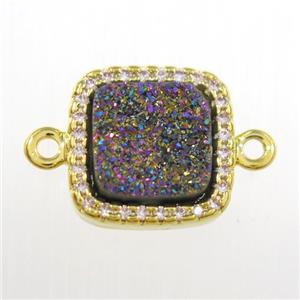 rainbow druzy quartz square connector pave zircon, gold plated, approx 12x12mm
